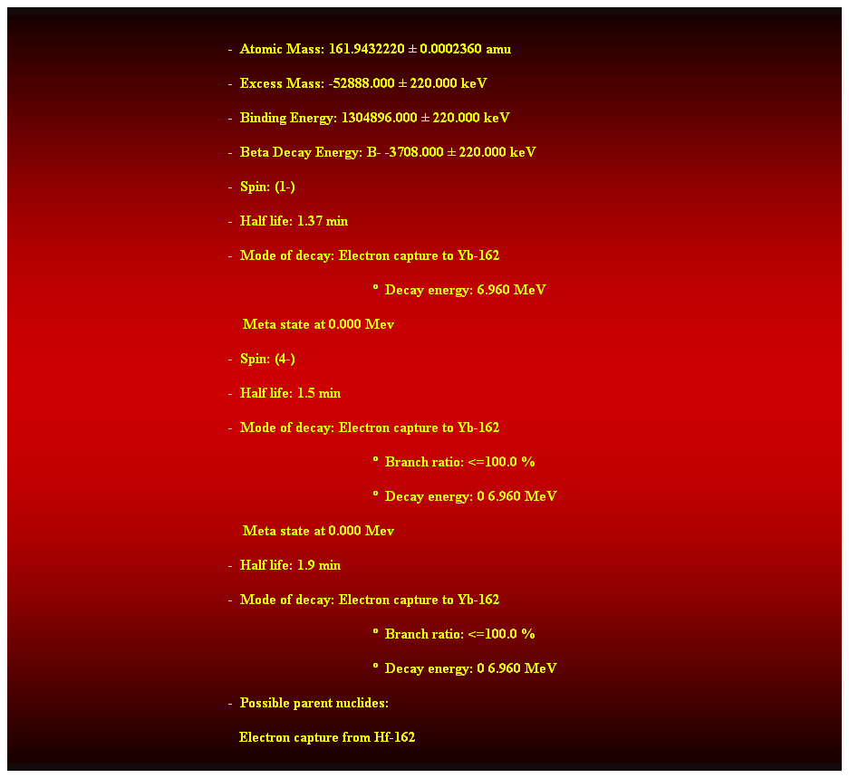 Cuadro de texto:  
-  Atomic Mass: 161.9432220  0.0002360 amu 
-  Excess Mass: -52888.000  220.000 keV 
-  Binding Energy: 1304896.000  220.000 keV 
-  Beta Decay Energy: B- -3708.000  220.000 keV 
-  Spin: (1-) 
-  Half life: 1.37 min 
-  Mode of decay: Electron capture to Yb-162 
  Decay energy: 6.960 MeV 
    Meta state at 0.000 Mev 
-  Spin: (4-) 
-  Half life: 1.5 min 
-  Mode of decay: Electron capture to Yb-162 
  Branch ratio: <=100.0 % 
  Decay energy: 0 6.960 MeV 
    Meta state at 0.000 Mev 
-  Half life: 1.9 min 
-  Mode of decay: Electron capture to Yb-162 
  Branch ratio: <=100.0 % 
  Decay energy: 0 6.960 MeV 
-  Possible parent nuclides: 
   Electron capture from Hf-162 
