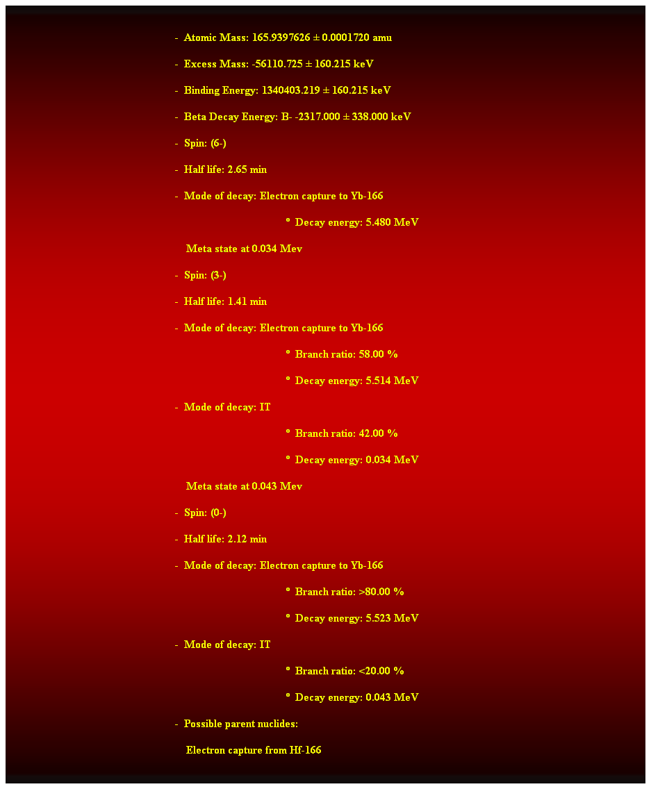 Cuadro de texto:  
-  Atomic Mass: 165.9397626  0.0001720 amu 
-  Excess Mass: -56110.725  160.215 keV 
-  Binding Energy: 1340403.219  160.215 keV 
-  Beta Decay Energy: B- -2317.000  338.000 keV 
-  Spin: (6-) 
-  Half life: 2.65 min 
-  Mode of decay: Electron capture to Yb-166 
  Decay energy: 5.480 MeV 
    Meta state at 0.034 Mev 
-  Spin: (3-) 
-  Half life: 1.41 min 
-  Mode of decay: Electron capture to Yb-166 
  Branch ratio: 58.00 % 
  Decay energy: 5.514 MeV 
-  Mode of decay: IT 
  Branch ratio: 42.00 % 
  Decay energy: 0.034 MeV 
    Meta state at 0.043 Mev 
-  Spin: (0-) 
-  Half life: 2.12 min 
-  Mode of decay: Electron capture to Yb-166 
  Branch ratio: >80.00 % 
  Decay energy: 5.523 MeV 
-  Mode of decay: IT 
  Branch ratio: <20.00 % 
  Decay energy: 0.043 MeV 
-  Possible parent nuclides: 
    Electron capture from Hf-166 
