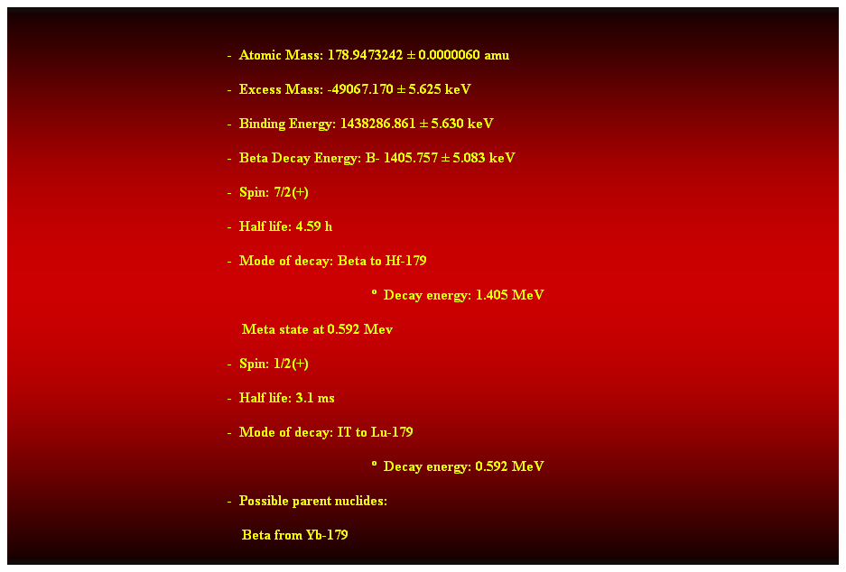 Cuadro de texto:  
-  Atomic Mass: 178.9473242  0.0000060 amu 
-  Excess Mass: -49067.170  5.625 keV 
-  Binding Energy: 1438286.861  5.630 keV 
-  Beta Decay Energy: B- 1405.757  5.083 keV 
-  Spin: 7/2(+) 
-  Half life: 4.59 h 
-  Mode of decay: Beta to Hf-179 
  Decay energy: 1.405 MeV 
    Meta state at 0.592 Mev 
-  Spin: 1/2(+) 
-  Half life: 3.1 ms 
-  Mode of decay: IT to Lu-179 
  Decay energy: 0.592 MeV 
-  Possible parent nuclides: 
    Beta from Yb-179 
