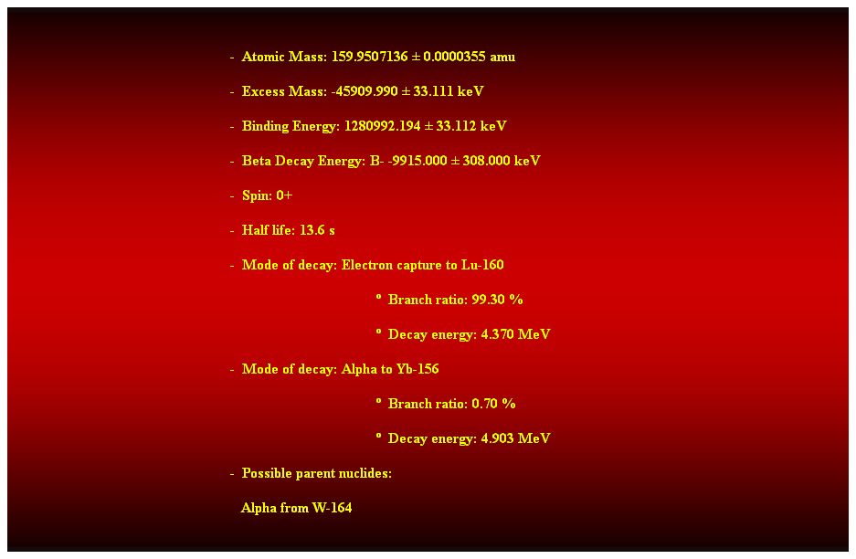 Cuadro de texto:  
-  Atomic Mass: 159.9507136  0.0000355 amu 
-  Excess Mass: -45909.990  33.111 keV 
-  Binding Energy: 1280992.194  33.112 keV 
-  Beta Decay Energy: B- -9915.000  308.000 keV 
-  Spin: 0+ 
-  Half life: 13.6 s 
-  Mode of decay: Electron capture to Lu-160 
  Branch ratio: 99.30 % 
  Decay energy: 4.370 MeV 
-  Mode of decay: Alpha to Yb-156 
  Branch ratio: 0.70 % 
  Decay energy: 4.903 MeV 
-  Possible parent nuclides: 
   Alpha from W-164 
