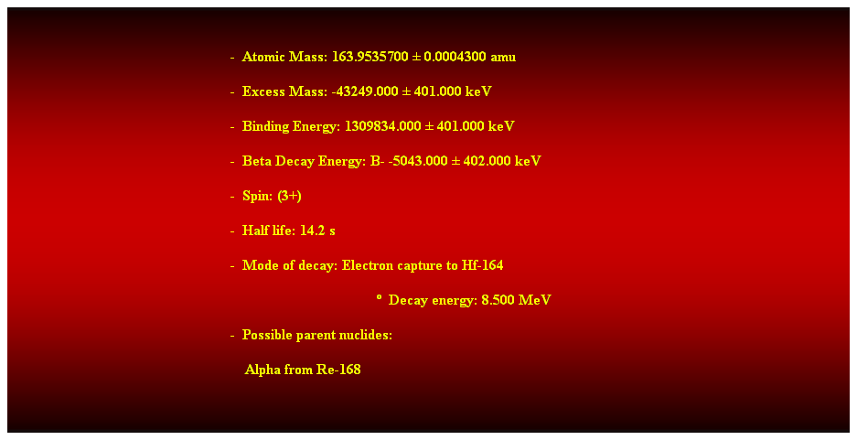 Cuadro de texto:  
-  Atomic Mass: 163.9535700  0.0004300 amu 
-  Excess Mass: -43249.000  401.000 keV 
-  Binding Energy: 1309834.000  401.000 keV 
-  Beta Decay Energy: B- -5043.000  402.000 keV 
-  Spin: (3+) 
-  Half life: 14.2 s 
-  Mode of decay: Electron capture to Hf-164 
  Decay energy: 8.500 MeV 
-  Possible parent nuclides: 
    Alpha from Re-168 
