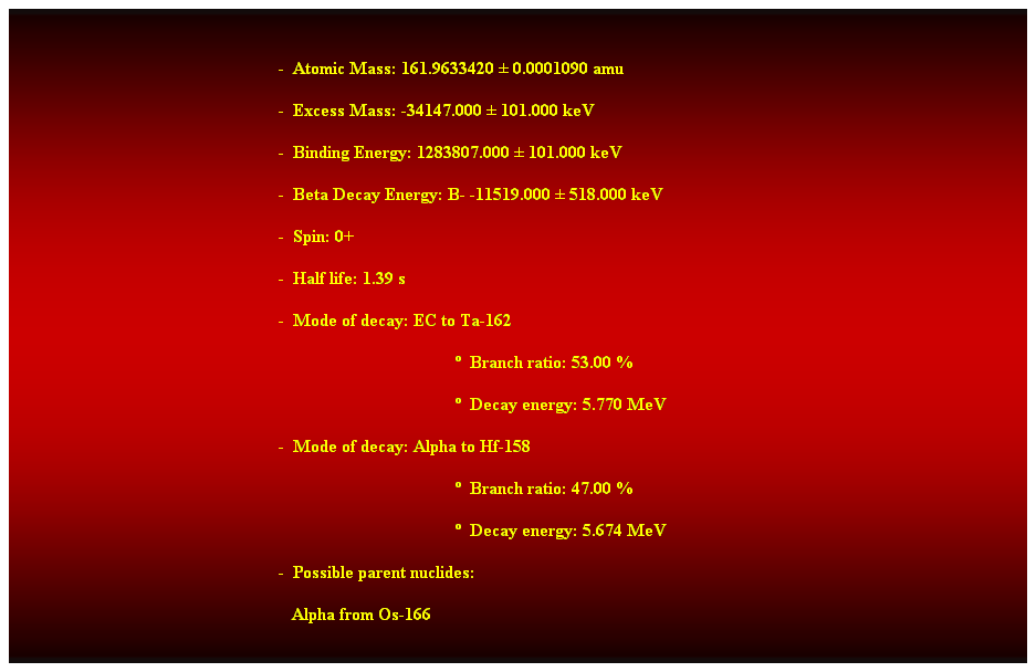 Cuadro de texto:  
-  Atomic Mass: 161.9633420  0.0001090 amu 
-  Excess Mass: -34147.000  101.000 keV 
-  Binding Energy: 1283807.000  101.000 keV 
-  Beta Decay Energy: B- -11519.000  518.000 keV 
-  Spin: 0+ 
-  Half life: 1.39 s 
-  Mode of decay: EC to Ta-162 
  Branch ratio: 53.00 % 
  Decay energy: 5.770 MeV 
-  Mode of decay: Alpha to Hf-158 
  Branch ratio: 47.00 % 
  Decay energy: 5.674 MeV 
-  Possible parent nuclides: 
   Alpha from Os-166 
