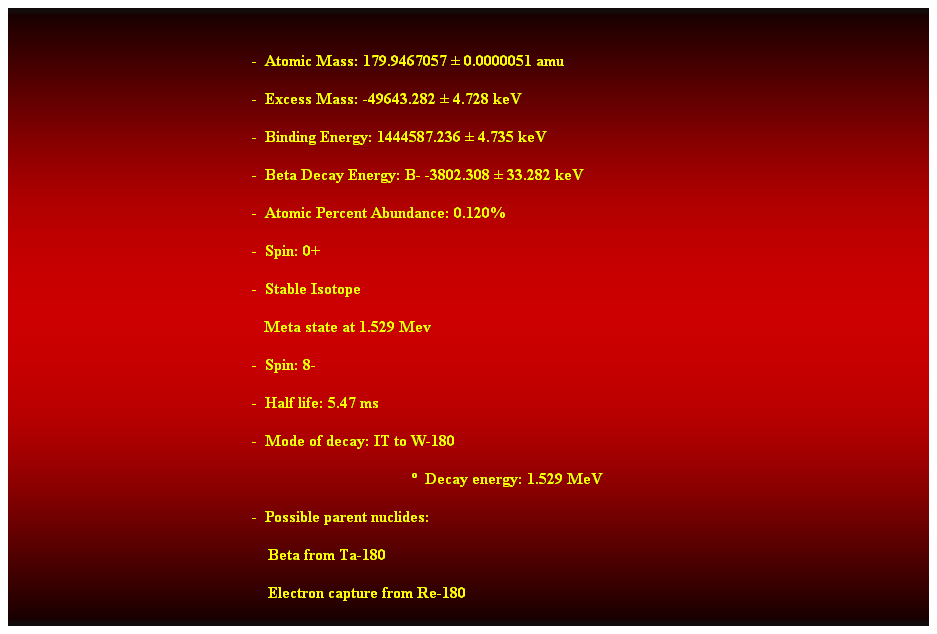 Cuadro de texto:  
-  Atomic Mass: 179.9467057  0.0000051 amu 
-  Excess Mass: -49643.282  4.728 keV 
-  Binding Energy: 1444587.236  4.735 keV 
-  Beta Decay Energy: B- -3802.308  33.282 keV 
-  Atomic Percent Abundance: 0.120% 
-  Spin: 0+ 
-  Stable Isotope 
   Meta state at 1.529 Mev 
-  Spin: 8- 
-  Half life: 5.47 ms 
-  Mode of decay: IT to W-180 
  Decay energy: 1.529 MeV 
-  Possible parent nuclides: 
                                                                Beta from Ta-180 
                                                                Electron capture from Re-180 
