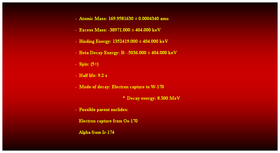 Cuadro de texto:  
-  Atomic Mass: 169.9581630  0.0004340 amu 
-  Excess Mass: -38971.000  404.000 keV 
-  Binding Energy: 1352419.000  404.000 keV 
-  Beta Decay Energy: B- -5036.000  404.000 keV 
-  Spin: (5+) 
-  Half life: 9.2 s 
-  Mode of decay: Electron capture to W-170 
  Decay energy: 8.300 MeV 
-  Possible parent nuclides: 
                                                               Electron capture from Os-170 
                                                               Alpha from Ir-174 
