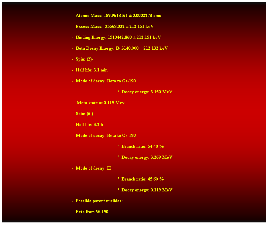 Cuadro de texto:  
-  Atomic Mass: 189.9618161  0.0002278 amu 
-  Excess Mass: -35568.032  212.151 keV 
-  Binding Energy: 1510442.860  212.151 keV 
-  Beta Decay Energy: B- 3140.000  212.132 keV 
-  Spin: (2)- 
-  Half life: 3.1 min 
-  Mode of decay: Beta to Os-190 
  Decay energy: 3.150 MeV 
    Meta state at 0.119 Mev 
-  Spin: (6-) 
-  Half life: 3.2 h 
-  Mode of decay: Beta to Os-190 
  Branch ratio: 54.40 % 
  Decay energy: 3.269 MeV 
-  Mode of decay: IT 
  Branch ratio: 45.60 % 
  Decay energy: 0.119 MeV 
-  Possible parent nuclides: 
   Beta from W-190  
