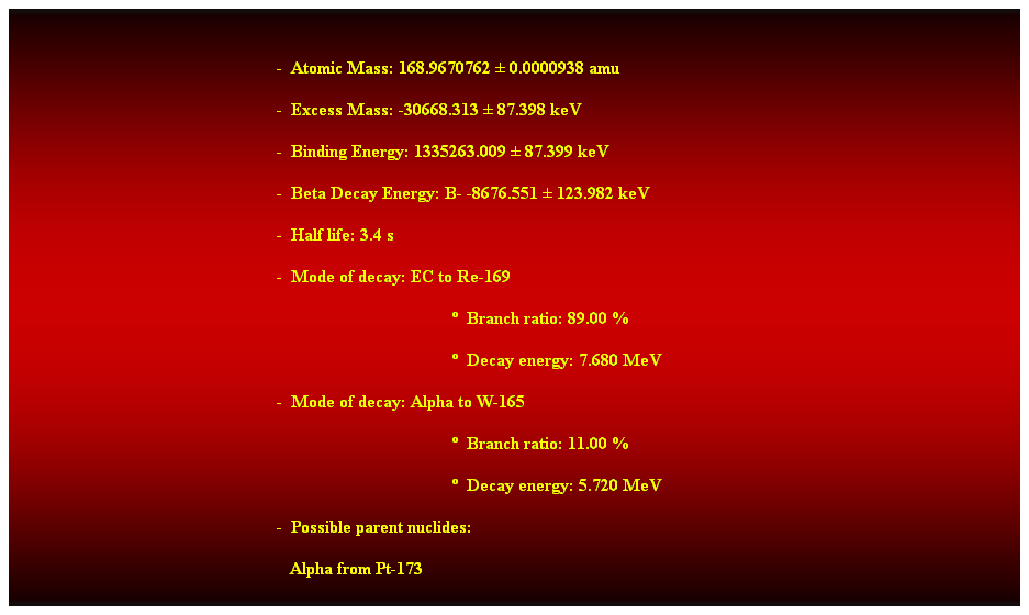 Cuadro de texto:  
-  Atomic Mass: 168.9670762  0.0000938 amu 
-  Excess Mass: -30668.313  87.398 keV 
-  Binding Energy: 1335263.009  87.399 keV 
-  Beta Decay Energy: B- -8676.551  123.982 keV 
-  Half life: 3.4 s 
-  Mode of decay: EC to Re-169 
  Branch ratio: 89.00 % 
  Decay energy: 7.680 MeV 
-  Mode of decay: Alpha to W-165 
  Branch ratio: 11.00 % 
  Decay energy: 5.720 MeV 
-  Possible parent nuclides: 
                                                               Alpha from Pt-173 
