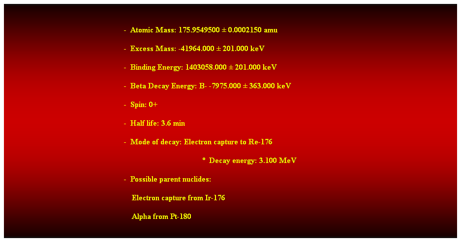 Cuadro de texto:  
-  Atomic Mass: 175.9549500  0.0002150 amu 
-  Excess Mass: -41964.000  201.000 keV 
-  Binding Energy: 1403058.000  201.000 keV 
-  Beta Decay Energy: B- -7975.000  363.000 keV 
-  Spin: 0+ 
-  Half life: 3.6 min 
-  Mode of decay: Electron capture to Re-176 
  Decay energy: 3.100 MeV 
-  Possible parent nuclides: 
    Electron capture from Ir-176 
    Alpha from Pt-180 
