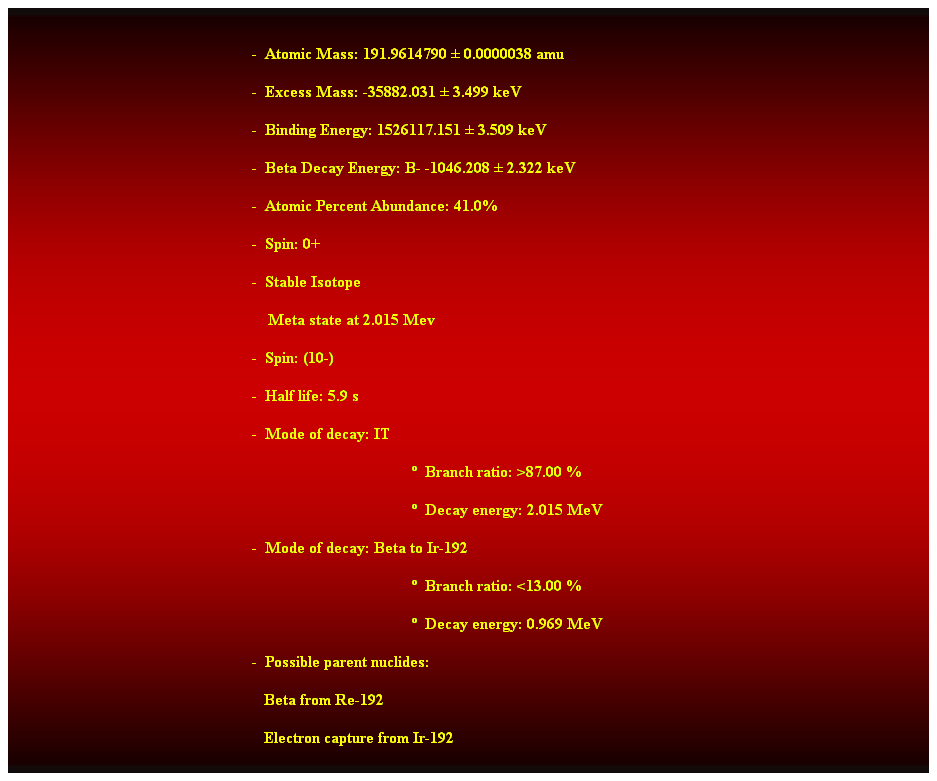 Cuadro de texto:  
-  Atomic Mass: 191.9614790  0.0000038 amu 
-  Excess Mass: -35882.031  3.499 keV 
-  Binding Energy: 1526117.151  3.509 keV 
-  Beta Decay Energy: B- -1046.208  2.322 keV 
-  Atomic Percent Abundance: 41.0% 
-  Spin: 0+ 
-  Stable Isotope 
    Meta state at 2.015 Mev 
-  Spin: (10-) 
-  Half life: 5.9 s 
-  Mode of decay: IT 
  Branch ratio: >87.00 % 
  Decay energy: 2.015 MeV 
-  Mode of decay: Beta to Ir-192 
  Branch ratio: <13.00 % 
  Decay energy: 0.969 MeV 
-  Possible parent nuclides: 
                                                               Beta from Re-192 
                                                               Electron capture from Ir-192
 
