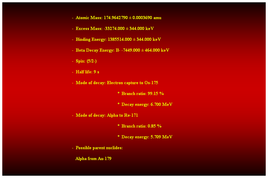 Cuadro de texto:  
-  Atomic Mass: 174.9642790  0.0003690 amu 
-  Excess Mass: -33274.000  344.000 keV 
-  Binding Energy: 1385514.000  344.000 keV 
-  Beta Decay Energy: B- -7449.000  464.000 keV 
-  Spin: (5/2-) 
-  Half life: 9 s 
-  Mode of decay: Electron capture to Os-175 
  Branch ratio: 99.15 % 
  Decay energy: 6.700 MeV 
-  Mode of decay: Alpha to Re-171 
  Branch ratio: 0.85 % 
  Decay energy: 5.709 MeV 
-  Possible parent nuclides: 
   Alpha from Au-179 
