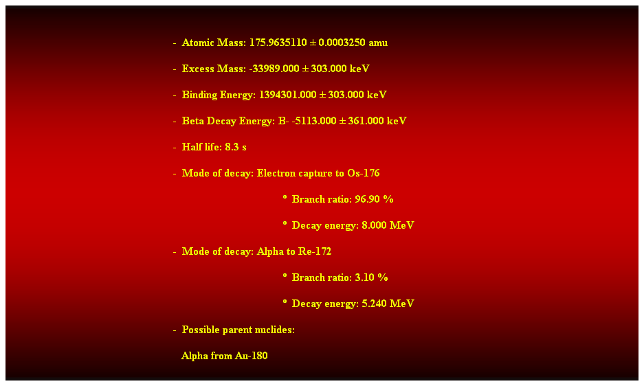 Cuadro de texto:  
-  Atomic Mass: 175.9635110  0.0003250 amu 
-  Excess Mass: -33989.000  303.000 keV 
-  Binding Energy: 1394301.000  303.000 keV 
-  Beta Decay Energy: B- -5113.000  361.000 keV 
-  Half life: 8.3 s 
-  Mode of decay: Electron capture to Os-176 
  Branch ratio: 96.90 % 
  Decay energy: 8.000 MeV 
-  Mode of decay: Alpha to Re-172 
  Branch ratio: 3.10 % 
  Decay energy: 5.240 MeV 
-  Possible parent nuclides: 
   Alpha from Au-180 
