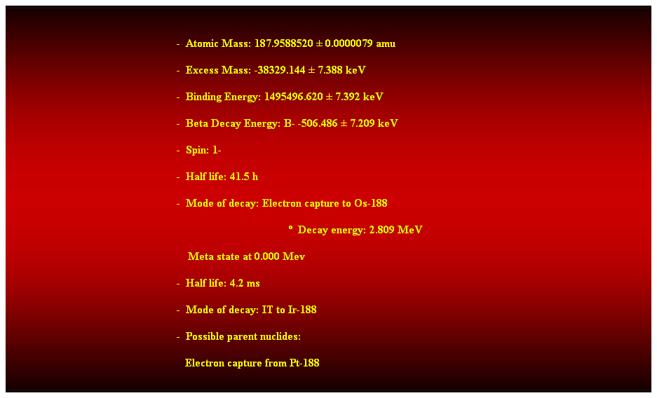 Cuadro de texto:  
-  Atomic Mass: 187.9588520  0.0000079 amu 
-  Excess Mass: -38329.144  7.388 keV 
-  Binding Energy: 1495496.620  7.392 keV 
-  Beta Decay Energy: B- -506.486  7.209 keV 
-  Spin: 1- 
-  Half life: 41.5 h 
-  Mode of decay: Electron capture to Os-188 
  Decay energy: 2.809 MeV 
    Meta state at 0.000 Mev 
-  Half life: 4.2 ms 
-  Mode of decay: IT to Ir-188 
-  Possible parent nuclides: 
   Electron capture from Pt-188 
