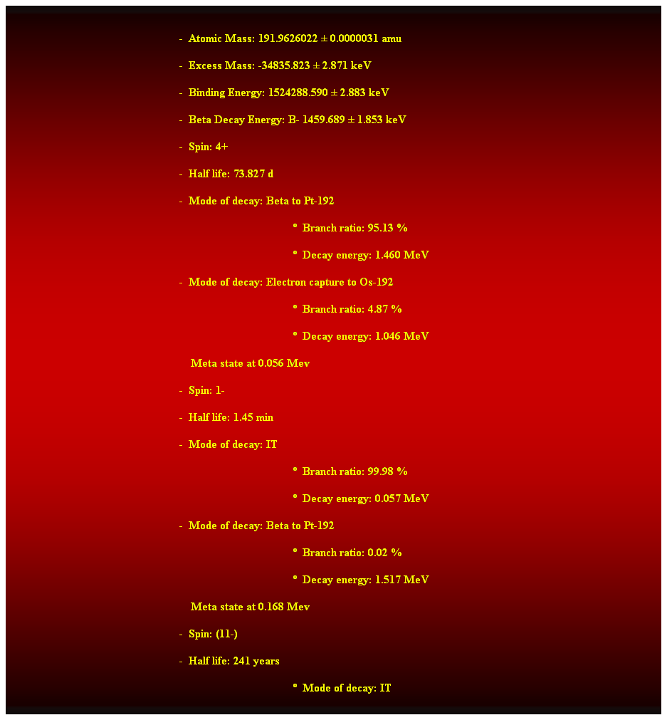 Cuadro de texto:  
-  Atomic Mass: 191.9626022  0.0000031 amu 
-  Excess Mass: -34835.823  2.871 keV 
-  Binding Energy: 1524288.590  2.883 keV 
-  Beta Decay Energy: B- 1459.689  1.853 keV 
-  Spin: 4+ 
-  Half life: 73.827 d 
-  Mode of decay: Beta to Pt-192 
  Branch ratio: 95.13 % 
  Decay energy: 1.460 MeV 
-  Mode of decay: Electron capture to Os-192 
  Branch ratio: 4.87 % 
  Decay energy: 1.046 MeV 
    Meta state at 0.056 Mev 
-  Spin: 1- 
-  Half life: 1.45 min 
-  Mode of decay: IT 
  Branch ratio: 99.98 % 
  Decay energy: 0.057 MeV 
-  Mode of decay: Beta to Pt-192 
  Branch ratio: 0.02 % 
  Decay energy: 1.517 MeV 
    Meta state at 0.168 Mev 
-  Spin: (11-) 
-  Half life: 241 years 
  Mode of decay: IT 
