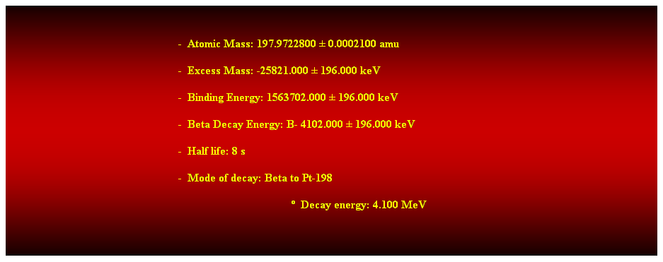 Cuadro de texto:  
-  Atomic Mass: 197.9722800  0.0002100 amu 
-  Excess Mass: -25821.000  196.000 keV 
-  Binding Energy: 1563702.000  196.000 keV 
-  Beta Decay Energy: B- 4102.000  196.000 keV 
-  Half life: 8 s 
-  Mode of decay: Beta to Pt-198 
  Decay energy: 4.100 MeV 
