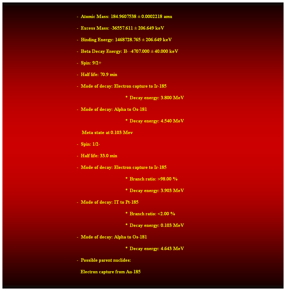 Cuadro de texto:  
-  Atomic Mass: 184.9607538  0.0002218 amu 
-  Excess Mass: -36557.611  206.649 keV 
-  Binding Energy: 1468728.765  206.649 keV 
-  Beta Decay Energy: B- -4707.000  40.000 keV 
-  Spin: 9/2+ 
-  Half life: 70.9 min 
-  Mode of decay: Electron capture to Ir-185 
  Decay energy: 3.800 MeV 
-  Mode of decay: Alpha to Os-181 
  Decay energy: 4.540 MeV 
    Meta state at 0.103 Mev 
-  Spin: 1/2- 
-  Half life: 33.0 min 
-  Mode of decay: Electron capture to Ir-185 
  Branch ratio: >98.00 % 
  Decay energy: 3.903 MeV 
-  Mode of decay: IT to Pt-185 
  Branch ratio: <2.00 % 
  Decay energy: 0.103 MeV 
-  Mode of decay: Alpha to Os-181 
  Decay energy: 4.643 MeV 
-  Possible parent nuclides: 
   Electron capture from Au-185 
