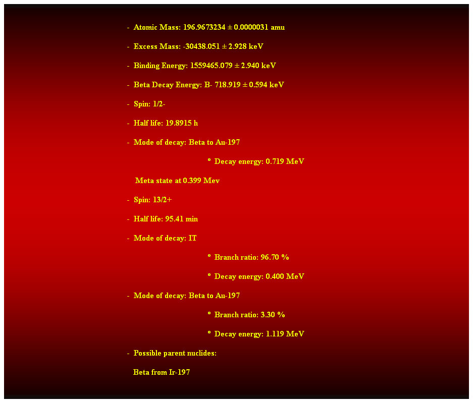 Cuadro de texto:  
-  Atomic Mass: 196.9673234  0.0000031 amu 
-  Excess Mass: -30438.051  2.928 keV 
-  Binding Energy: 1559465.079  2.940 keV 
-  Beta Decay Energy: B- 718.919  0.594 keV 
-  Spin: 1/2- 
-  Half life: 19.8915 h 
-  Mode of decay: Beta to Au-197 
  Decay energy: 0.719 MeV 
    Meta state at 0.399 Mev 
-  Spin: 13/2+ 
-  Half life: 95.41 min 
-  Mode of decay: IT 
  Branch ratio: 96.70 % 
  Decay energy: 0.400 MeV 
-  Mode of decay: Beta to Au-197 
  Branch ratio: 3.30 % 
  Decay energy: 1.119 MeV 
-  Possible parent nuclides: 
   Beta from Ir-197 
