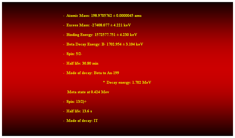 Cuadro de texto:  
-  Atomic Mass: 198.9705762  0.0000045 amu 
-  Excess Mass: -27408.077  4.221 keV 
-  Binding Energy: 1572577.751  4.230 keV 
-  Beta Decay Energy: B- 1702.954  3.104 keV 
-  Spin: 5/2- 
-  Half life: 30.80 min 
-  Mode of decay: Beta to Au-199 
  Decay energy: 1.702 MeV 
    Meta state at 0.424 Mev 
-  Spin: 13/2)+ 
-  Half life: 13.6 s 
-  Mode of decay: IT
